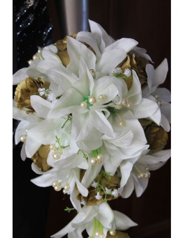 Bouquet de Mariée Tombant Dorée lys, roses et perles
