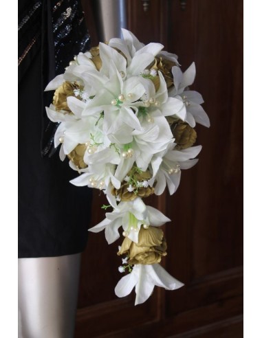 Bouquet de Mariée Tombant Dorée lys, roses et perles