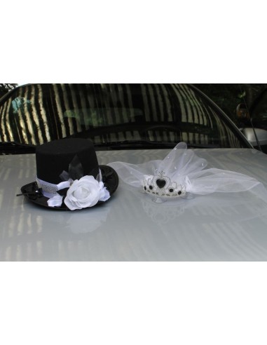 Chapeau et voile noir blanc strass fleurs voiture de mariage