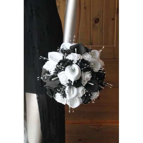 Bouquet de Mariée rond Arums noir blanc perles