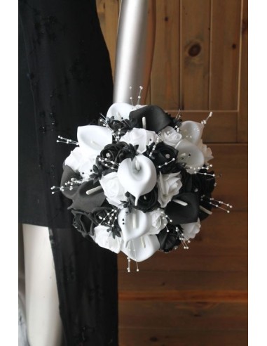 Bouquet de Mariée rond Arums noir blanc perles