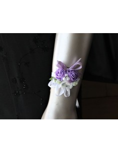 Bracelet de fleurs mariage parme, blanc et perles