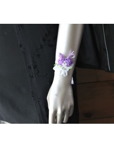 Bracelet de fleurs mariage parme, blanc et perles 2