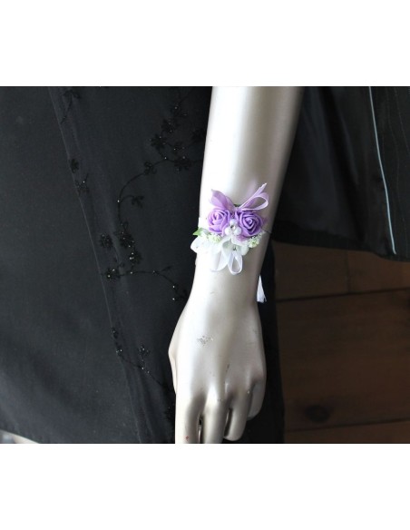 Bracelet de fleurs mariage parme, blanc et perles