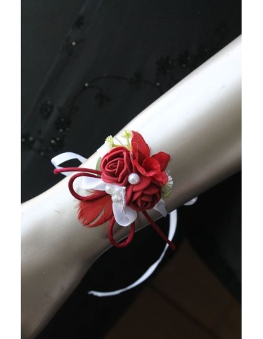 Bracelet de fleurs mariage bordeaux, blanc et perles