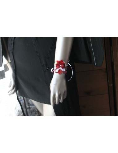 Bracelet de fleurs mariage bordeaux, blanc et perles