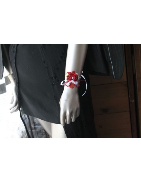 Bracelet de fleurs mariage bordeaux, blanc et perles