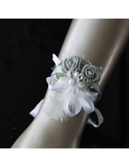 Bracelet de fleurs mariage mini roses gris avec strass
