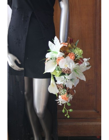 Bouquet mariage Tombant Lys et Orchidée orange, vert et marron
