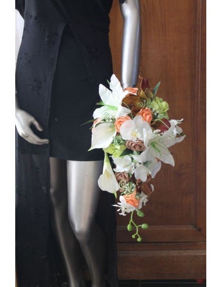 Bouquet mariage Tombant Lys et Orchidée orange, vert et marron