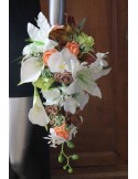 Bouquet mariage Tombant Lys et Orchidée orange, vert et marron