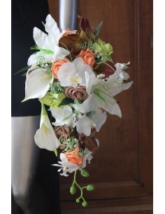Bouquet mariage Tombant Lys et Orchidée orange, vert et marron