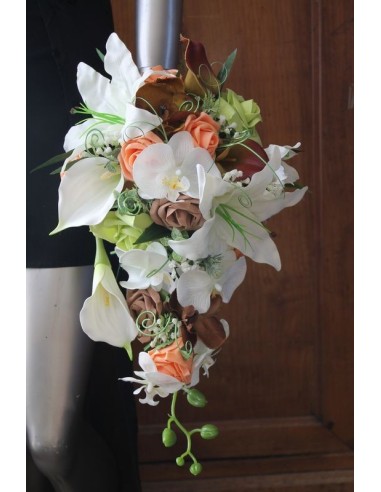 Bouquet mariage Tombant Lys et Orchidée orange et menthe