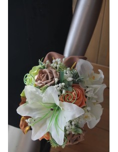Bouquet mariage rond Lys et Orchidée orange, vert et marron 2