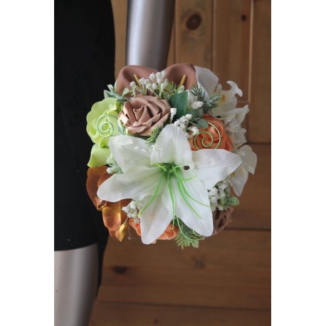 Bouquet mariage rond Lys et Orchidée orange, vert et marron