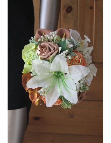 Bouquet mariage rond Lys et Orchidée orange, vert et marron