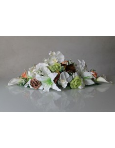 Bouquet centre de table mariage Lys et Orchidée orange, vert et marron 2