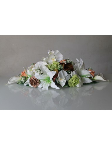 Bouquet centre de table mariage Lys et Orchidée orange, vert et marron