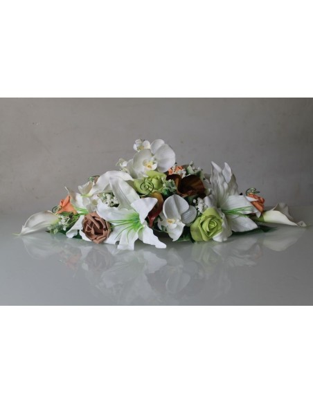 Bouquet centre de table mariage Lys et Orchidée orange, vert et marron