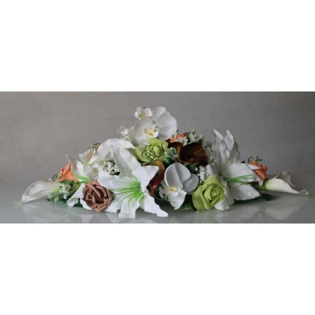 Bouquet centre de table mariage Lys et Orchidée orange, vert et marron