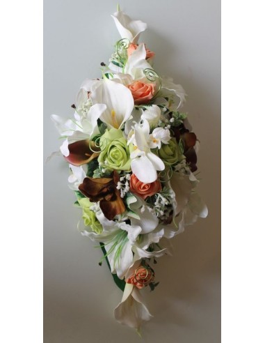 Bouquet centre de table mariage Lys et Orchidée orange, vert et marron