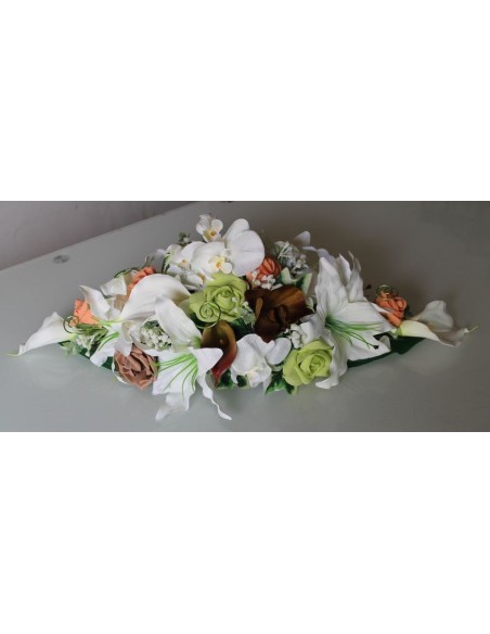 Bouquet centre de table mariage Lys et Orchidée orange, vert et marron