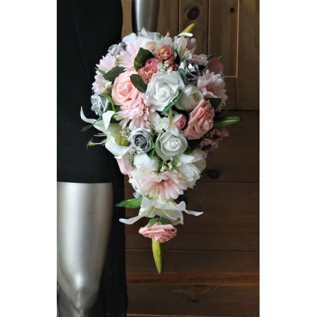 Bouquet de Mariée Tombant blanc, vieux rose et gris