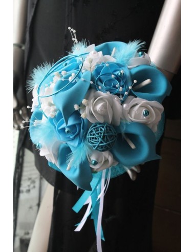 Bouquet Mariée Rond arums turquoise fait main