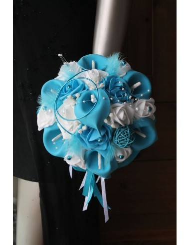 Bouquet Mariée Rond arums turquoise fait main