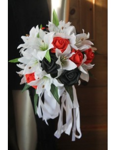 Bouquet Mariée Lys et Roses blanc, rouge et noir 2