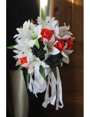 Bouquet Mariée Lys et Roses blanc, rouge et noir