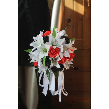 Bouquet Mariée Lys et Roses blanc, rouge et noir