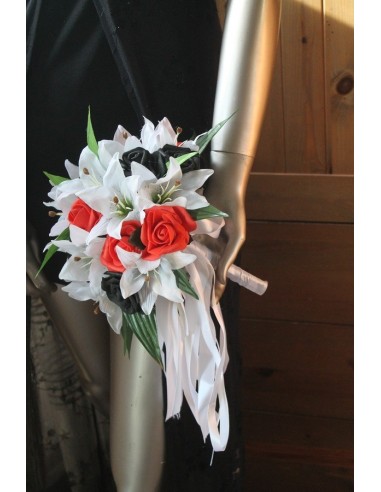Bouquet Mariée Lys et Roses blanc, rouge et noir