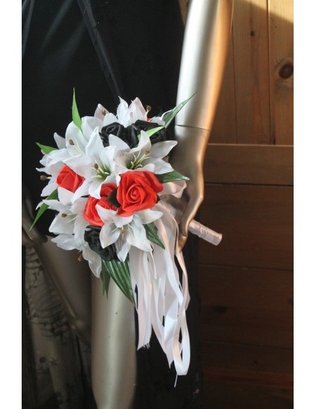 Bouquet Mariée Lys et Roses blanc, rouge et noir