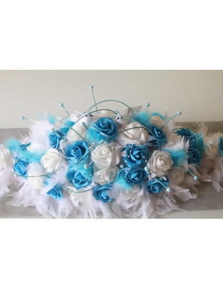 Décoration table de mariage plumes blanc et turquoise, colombes
