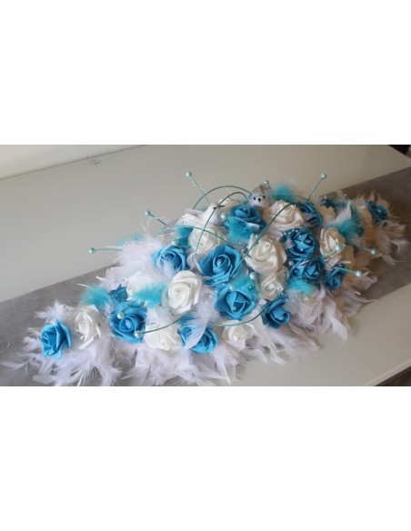 Décoration table de mariage plumes blanc et turquoise, colombes