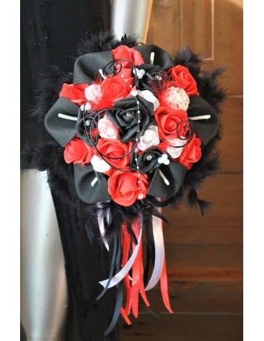 Bouquet mariée rouge et noir perles plumes