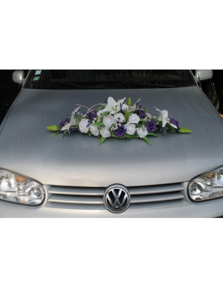 Gerbe de voiture de mariage couleur blanc et violet Gerbe de voiture de mariage couleur blanc et violet