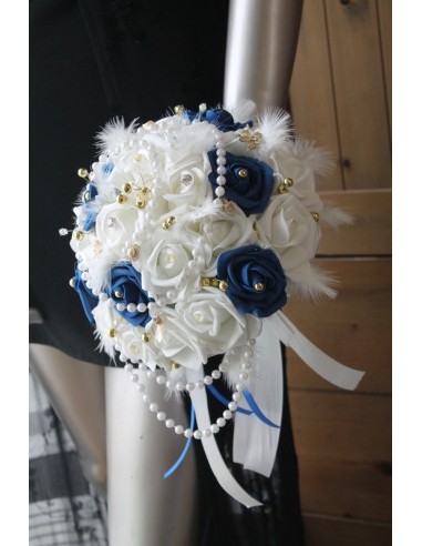 Bouquet de mariée bleu roi, blanc et Or Perles et Strass