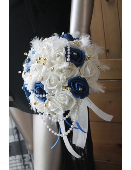 Bouquet de mariée bleu roi, blanc et Or Perles et Strass