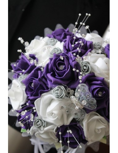 Bouquet de mariée Rond thème violet avec plumes et perles