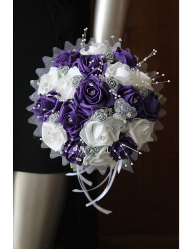 Bouquet de mariée Rond thème violet avec plumes et perles