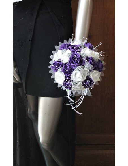 Bouquet de mariée Rond thème violet avec plumes et perles