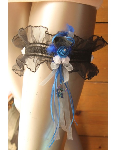 Bouquet de Mariée et Jarretière Mariage Bleu et Noir thème Stitch