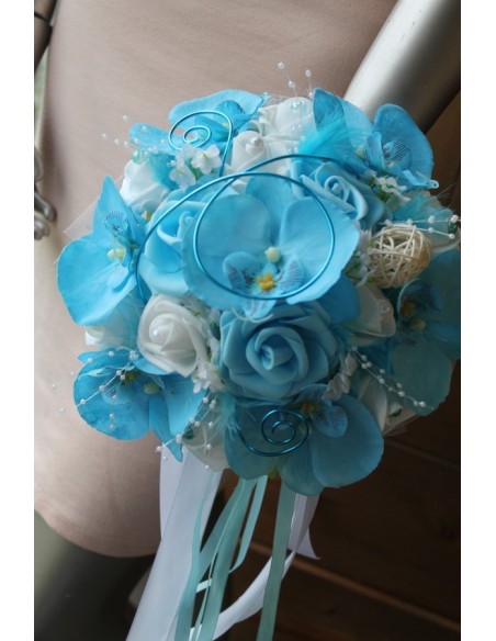 Bouquet Mariée Rond orchidées bleu fait main
