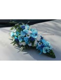 Décoration voiture mariage bleu, turquoise avec roses, orchidées...