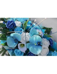 Décoration voiture mariage bleu, turquoise avec roses, orchidées... 2