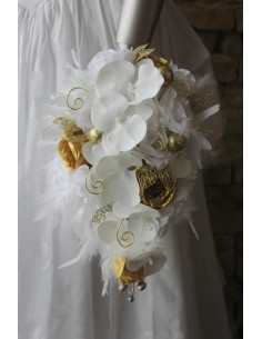 Bouquet de Mariée Tombant orchidées, roses et perles couleur blanc et or