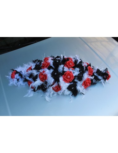 Bouquet de voiture rouge, noir et blanc plumes perles et strass