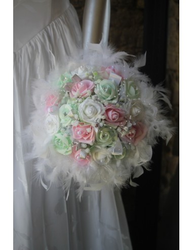Bouquet de mariée, boutonnière et composition florale mariage rose et vert